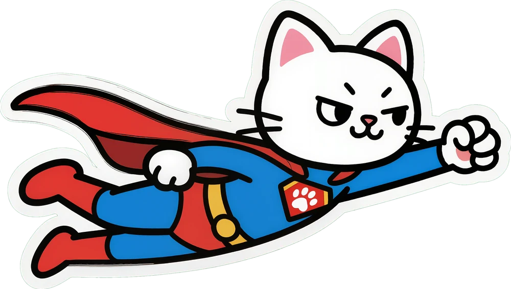 The Super Intelligent Neko flying through the night sky, fist forward, red cape streaming