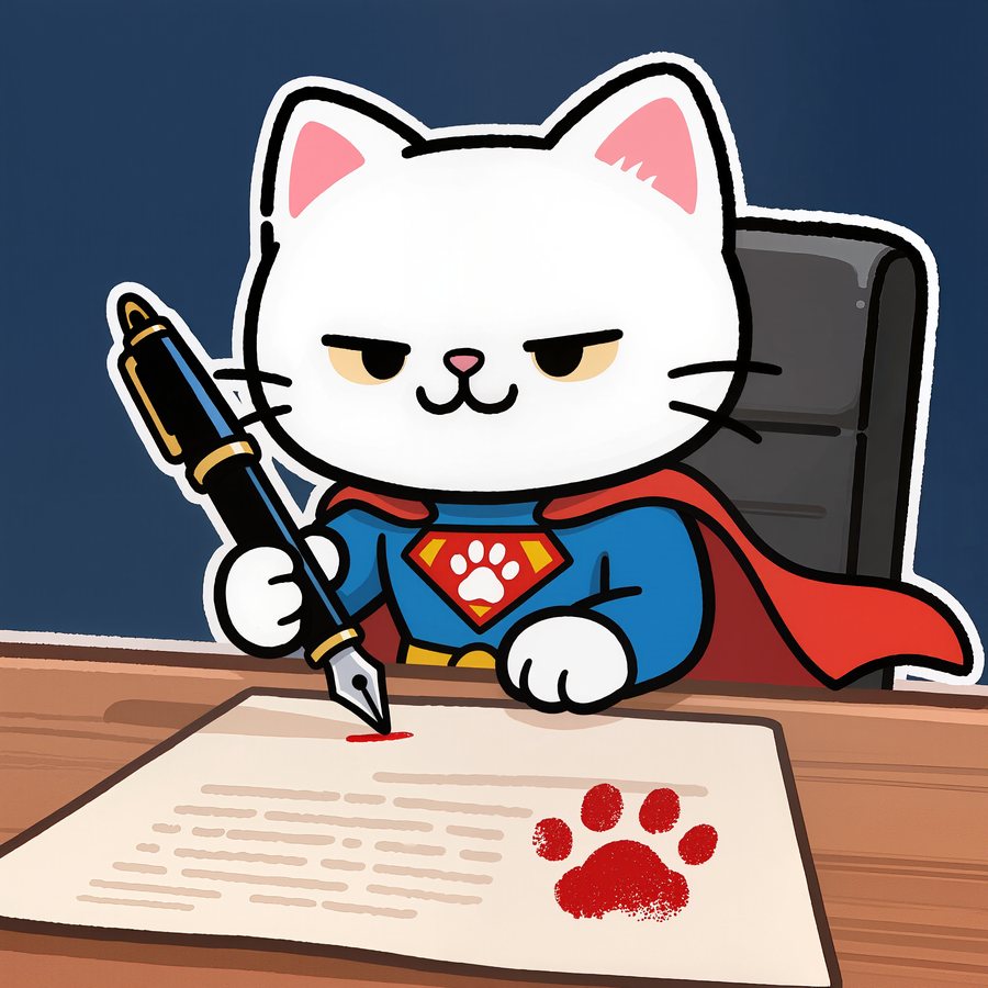 The neko at a desk signing a document with a giant fountain pen and a red paw print stamp